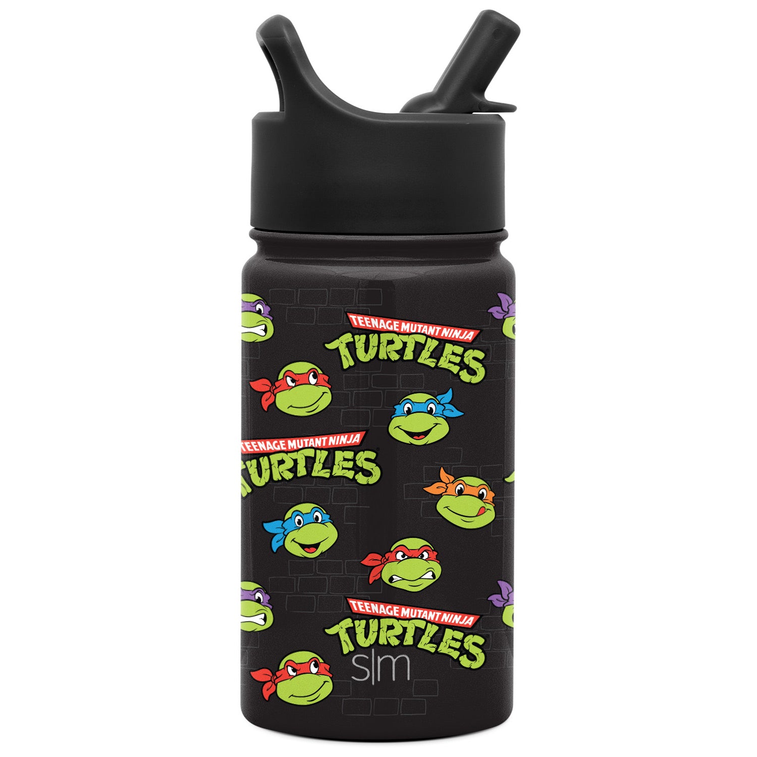 Children's water bottle with cartoon characters and flip straw against a white background.