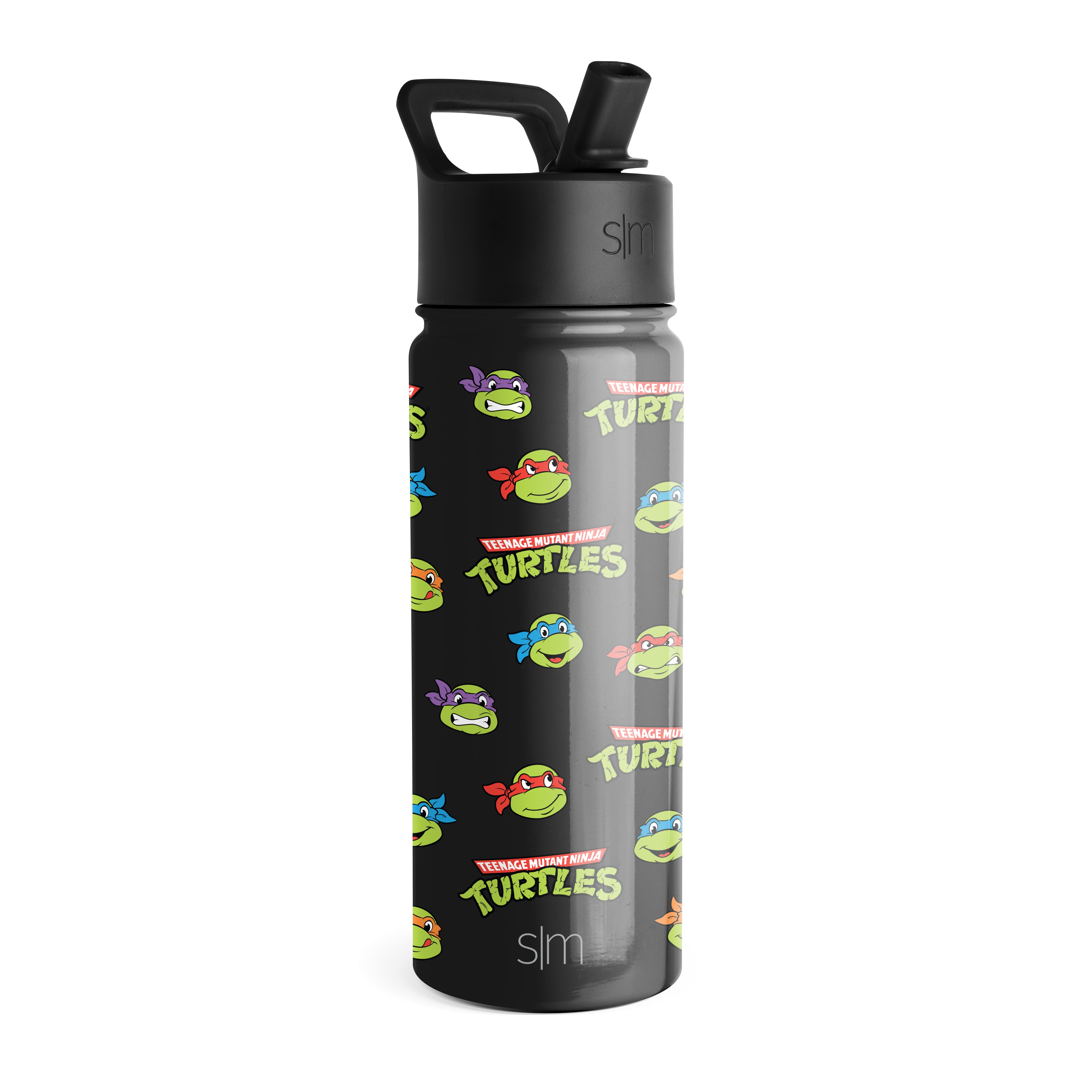 Children's water bottle with cartoon characters and flip straw against a white background.