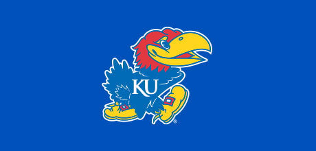 Kansas Jayhawks mascot on a blue background.