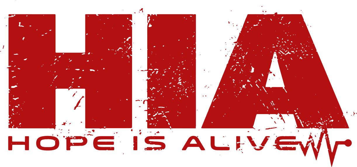 Red textured text 'HIA' with 'Hope is Alive' slogan below.